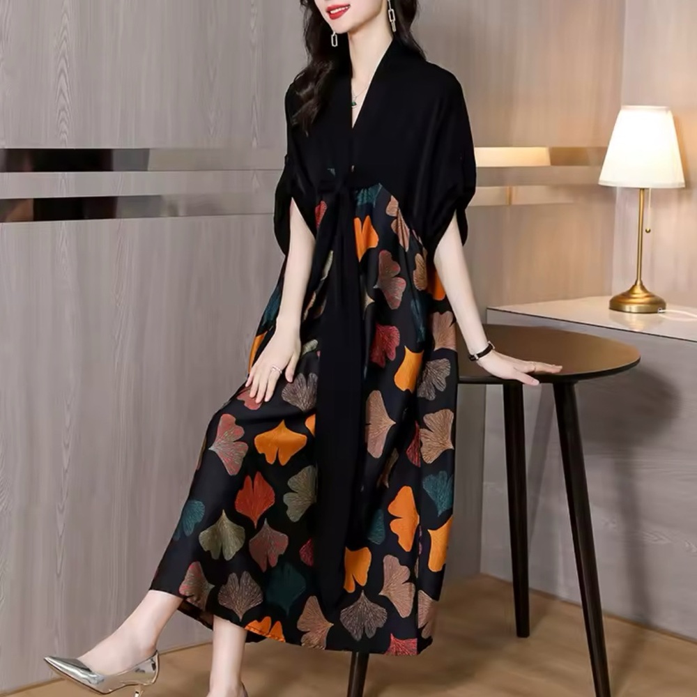 Chic Black Dress with Colorful Leaf Pattern